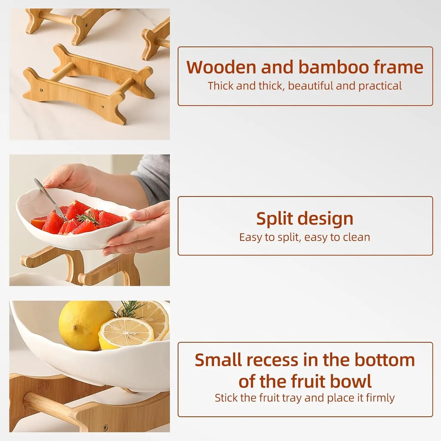 CARLA HOME 3-Tier Plastic Fruit Bowl Basket with Bamboo Stand for Kitchen Counter, Snack Tray, Dessert Server & Vegetable Storage Rack - Image 6