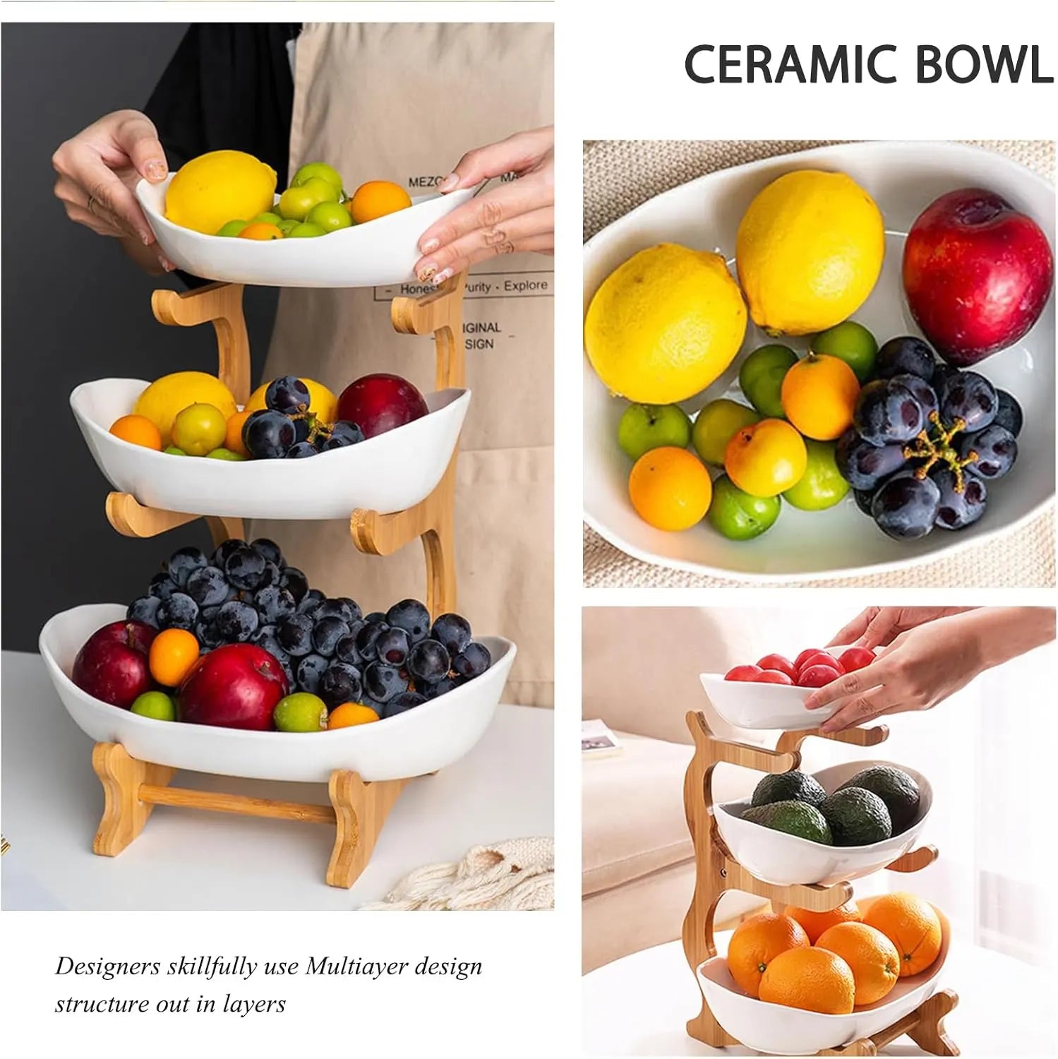 CARLA HOME 3-Tier Plastic Fruit Bowl Basket with Bamboo Stand for Kitchen Counter, Snack Tray, Dessert Server & Vegetable Storage Rack - Image 8