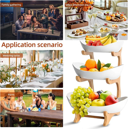 CARLA HOME 3-Tier Plastic Fruit Bowl Basket with Bamboo Stand for Kitchen Counter, Snack Tray, Dessert Server & Vegetable Storage Rack - Image 9