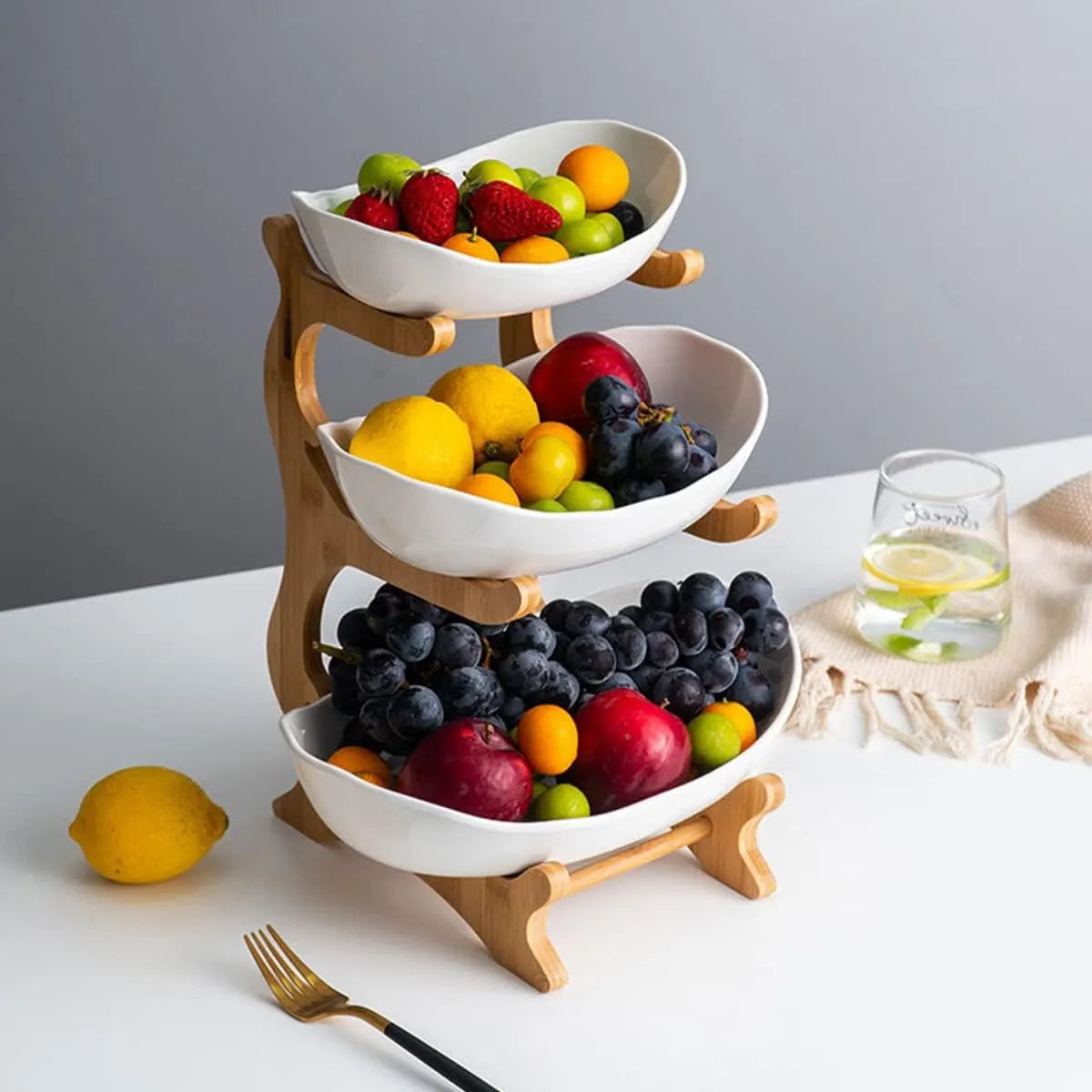 CARLA HOME 3-Tier Plastic Fruit Bowl Basket with Bamboo Stand for Kitchen Counter, Snack Tray, Dessert Server & Vegetable Storage Rack - Image 2