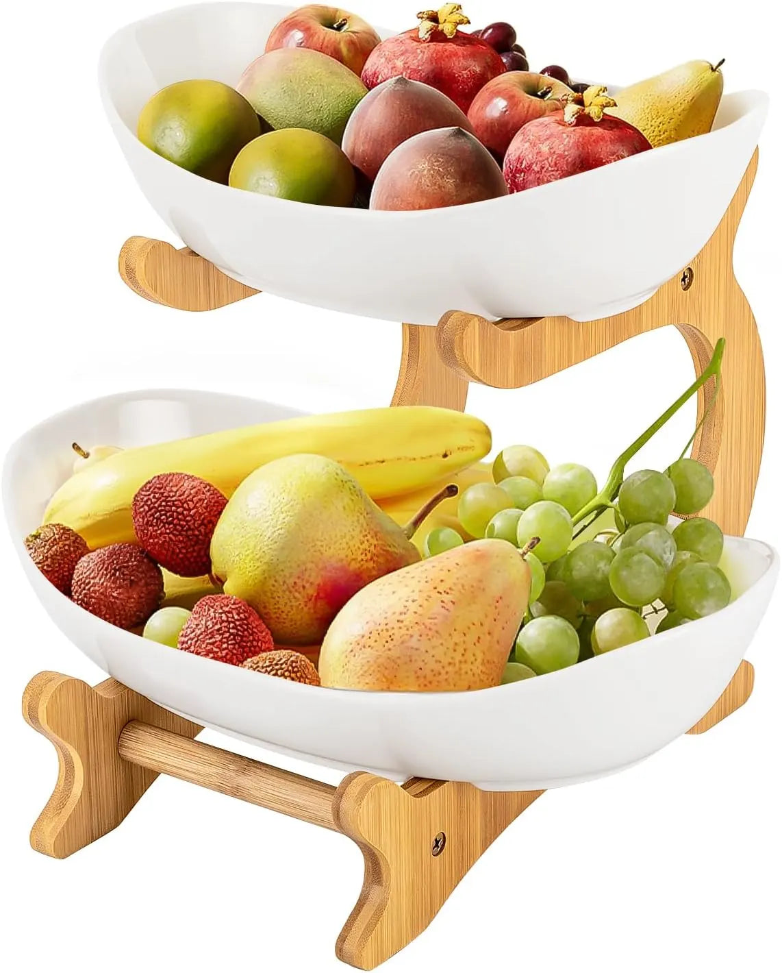CARLA HOME 2-Tier Plastic Fruit Bowl Basket with Bamboo Stand for Kitchen Counter, Snack Tray, Dessert Server & Vegetable Storage Rack - Image 3