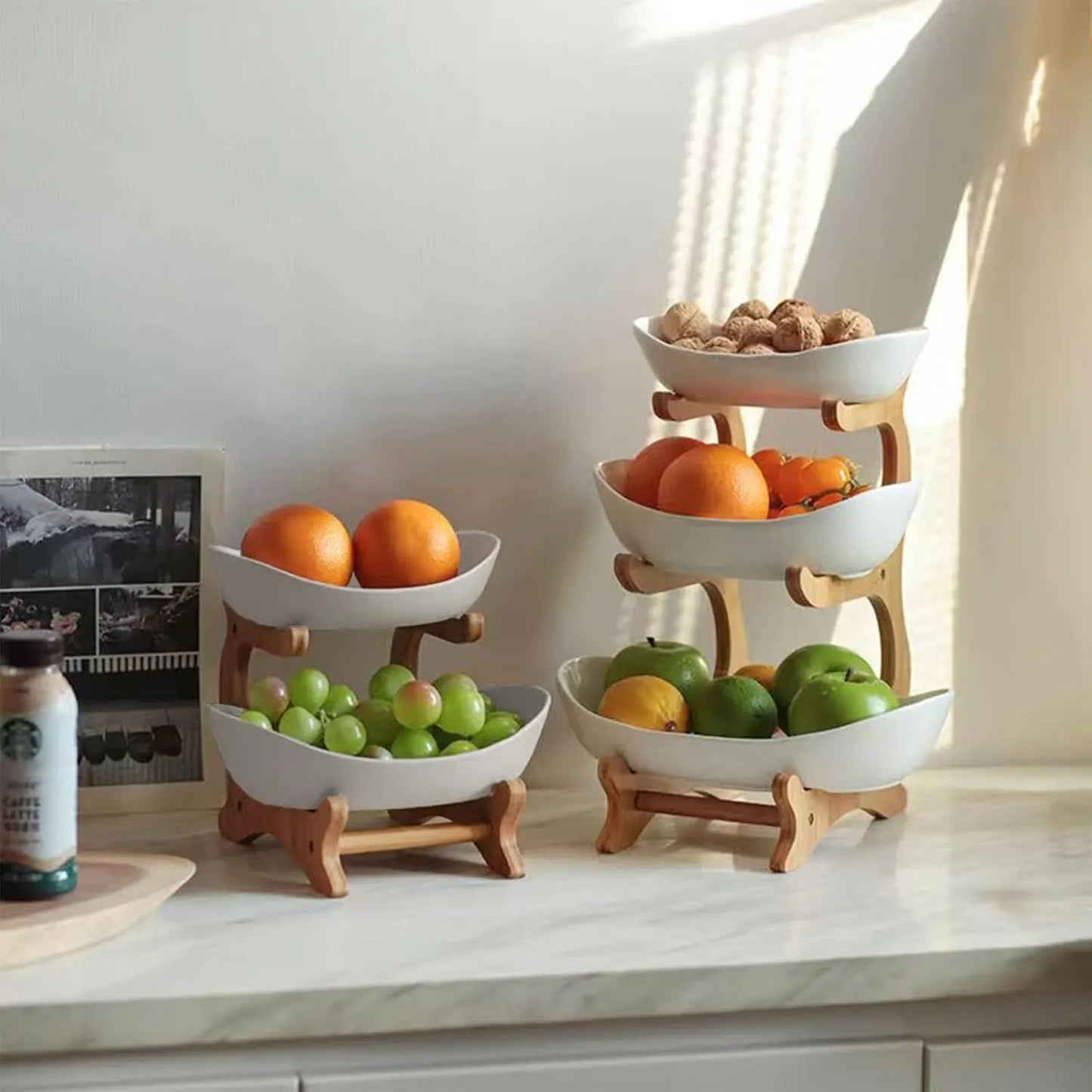 CARLA HOME 2-Tier Plastic Fruit Bowl Basket with Bamboo Stand for Kitchen Counter, Snack Tray, Dessert Server & Vegetable Storage Rack - Image 4