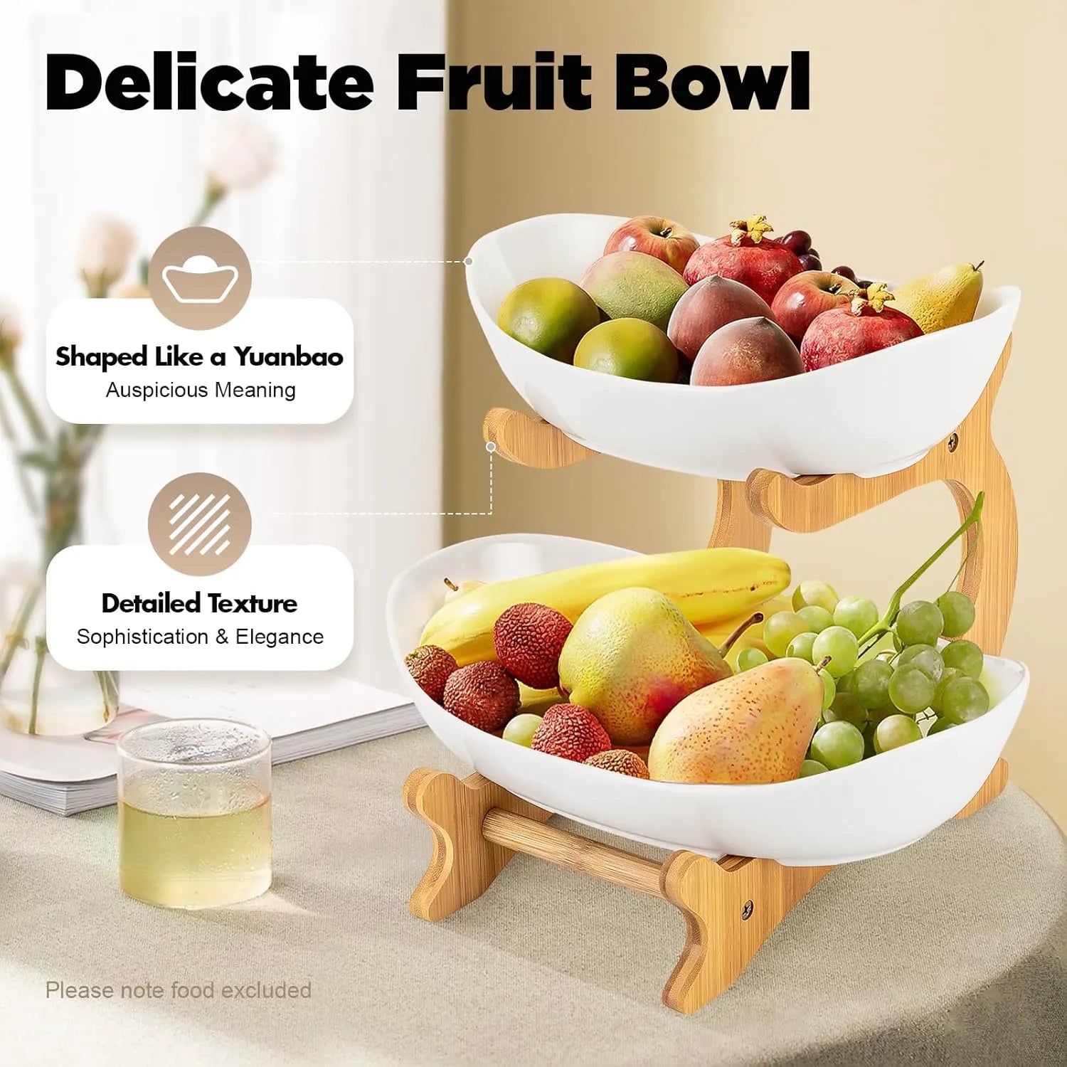 CARLA HOME 2-Tier Plastic Fruit Bowl Basket with Bamboo Stand for Kitchen Counter, Snack Tray, Dessert Server & Vegetable Storage Rack - Image 5