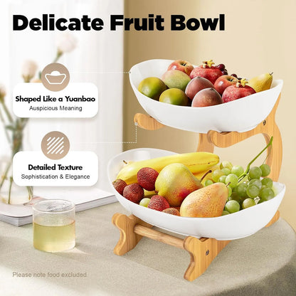 CARLA HOME 2-Tier Plastic Fruit Bowl Basket with Bamboo Stand for Kitchen Counter, Snack Tray, Dessert Server & Vegetable Storage Rack - Image 5