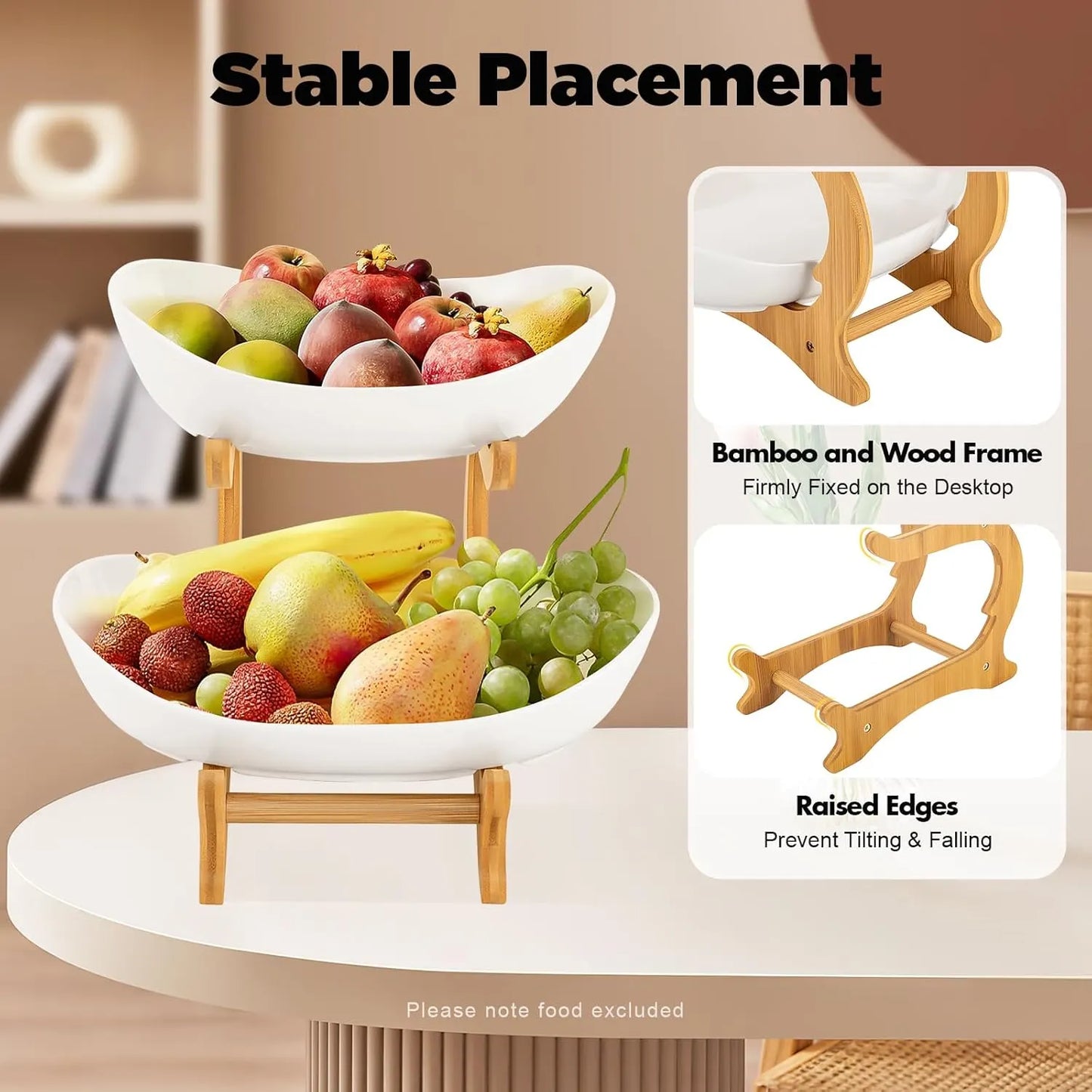 CARLA HOME 2-Tier Plastic Fruit Bowl Basket with Bamboo Stand for Kitchen Counter, Snack Tray, Dessert Server & Vegetable Storage Rack - Image 6