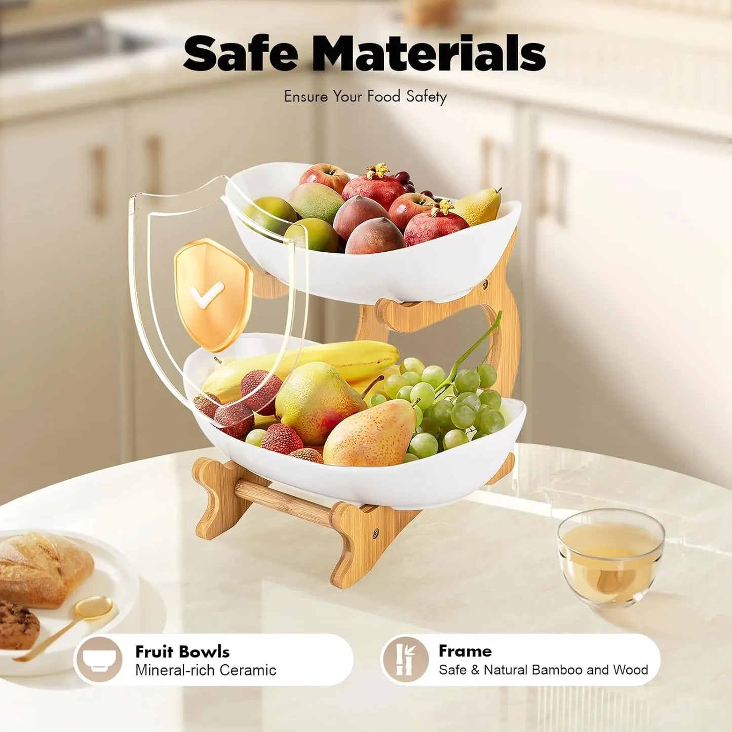 CARLA HOME 2-Tier Plastic Fruit Bowl Basket with Bamboo Stand for Kitchen Counter, Snack Tray, Dessert Server & Vegetable Storage Rack - Image 7