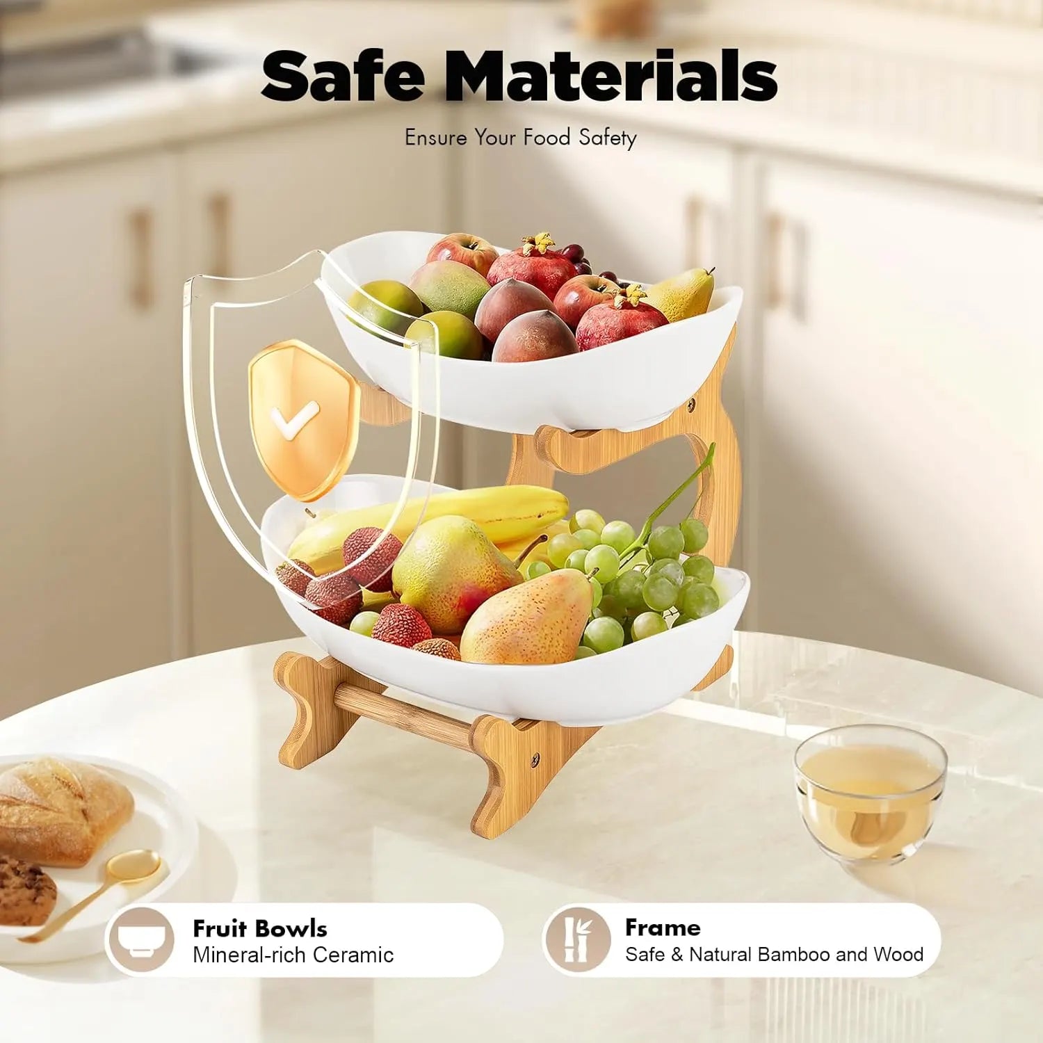 CARLA HOME 2-Tier Plastic Fruit Bowl Basket with Bamboo Stand for Kitchen Counter, Snack Tray, Dessert Server & Vegetable Storage Rack - Image 7