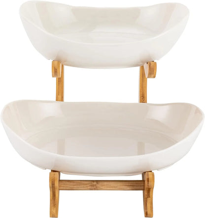 CARLA HOME 2-Tier Plastic Fruit Bowl Basket with Bamboo Stand for Kitchen Counter, Snack Tray, Dessert Server & Vegetable Storage Rack - Image 2