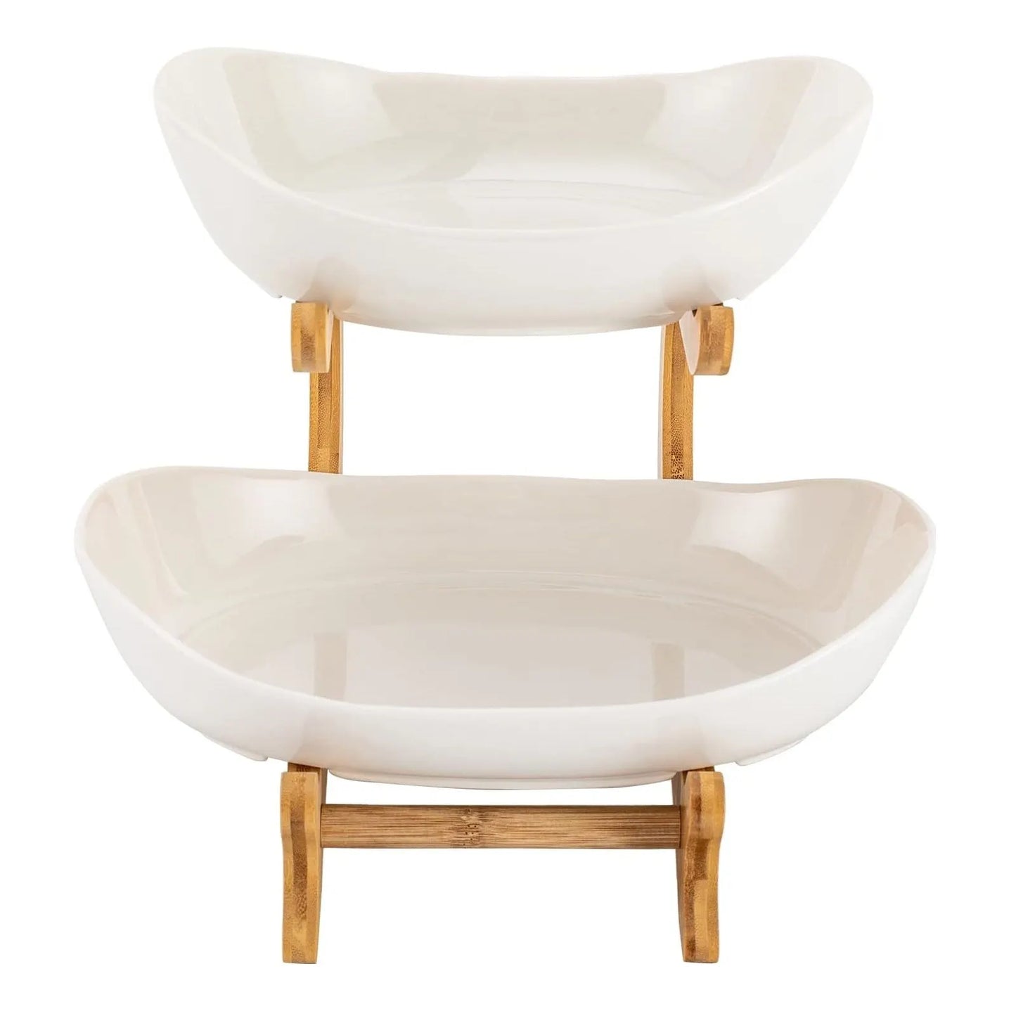 CARLA HOME 2-Tier Plastic Fruit Bowl Basket with Bamboo Stand for Kitchen Counter, Snack Tray, Dessert Server & Vegetable Storage Rack