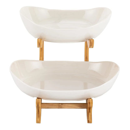 CARLA HOME 2-Tier Plastic Fruit Bowl Basket with Bamboo Stand for Kitchen Counter, Snack Tray, Dessert Server & Vegetable Storage Rack