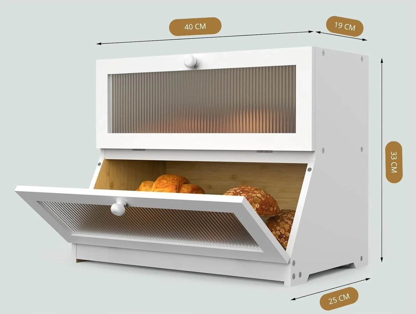 CARLA HOME Double Layer Bamboo Bread Box for Kitchen Counter - Large Capacity Bread Storage Container with Clear Window, Easy Assembly, Farmhouse Style Bread Holder (White) - Image 2