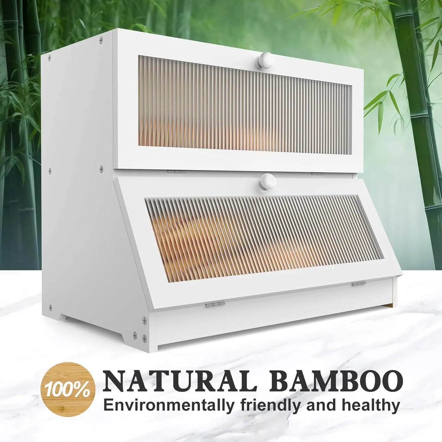 CARLA HOME Double Layer Bamboo Bread Box for Kitchen Counter - Large Capacity Bread Storage Container with Clear Window, Easy Assembly, Farmhouse Style Bread Holder (White) - Image 5