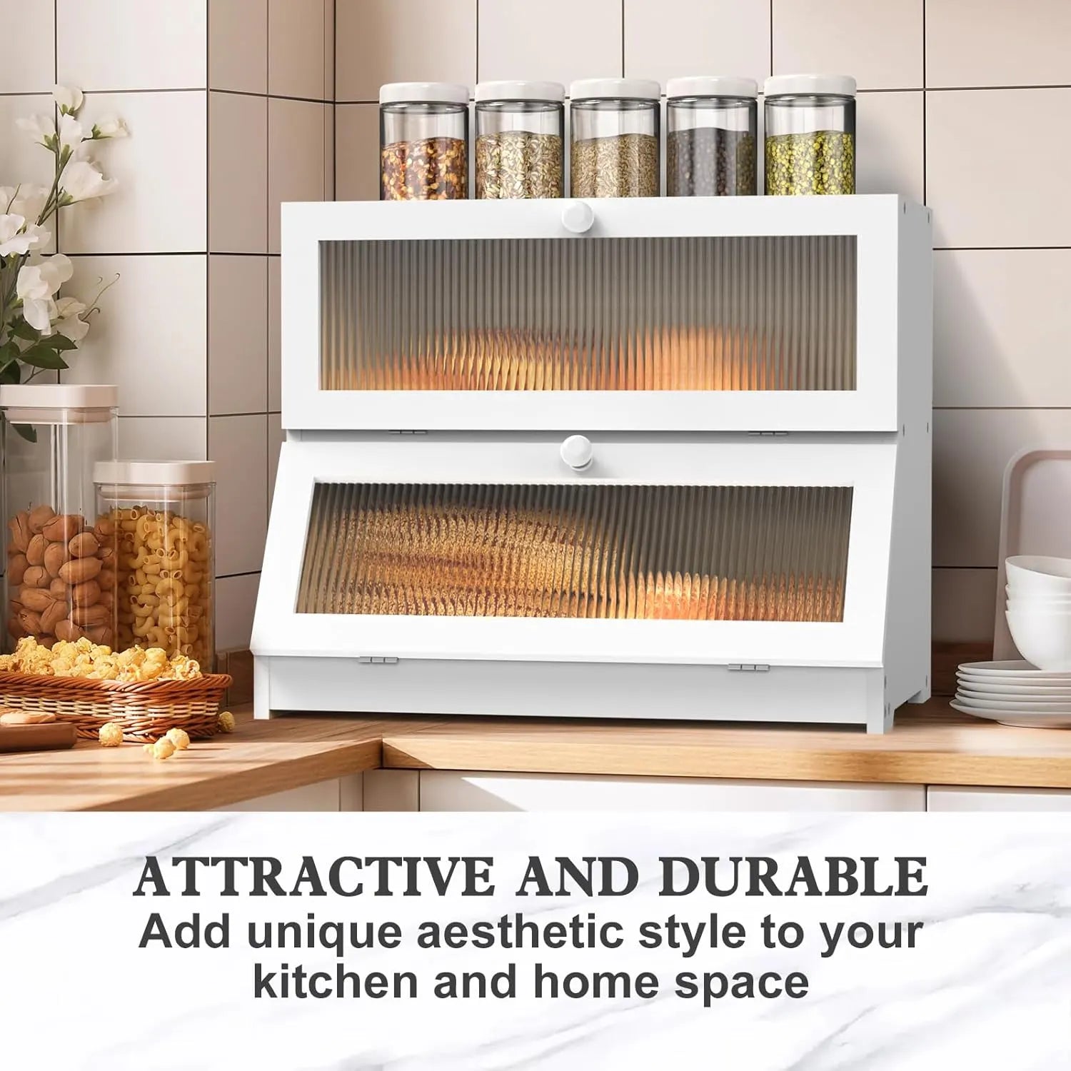 CARLA HOME Double Layer Bamboo Bread Box for Kitchen Counter - Large Capacity Bread Storage Container with Clear Window, Easy Assembly, Farmhouse Style Bread Holder (White) - Image 7