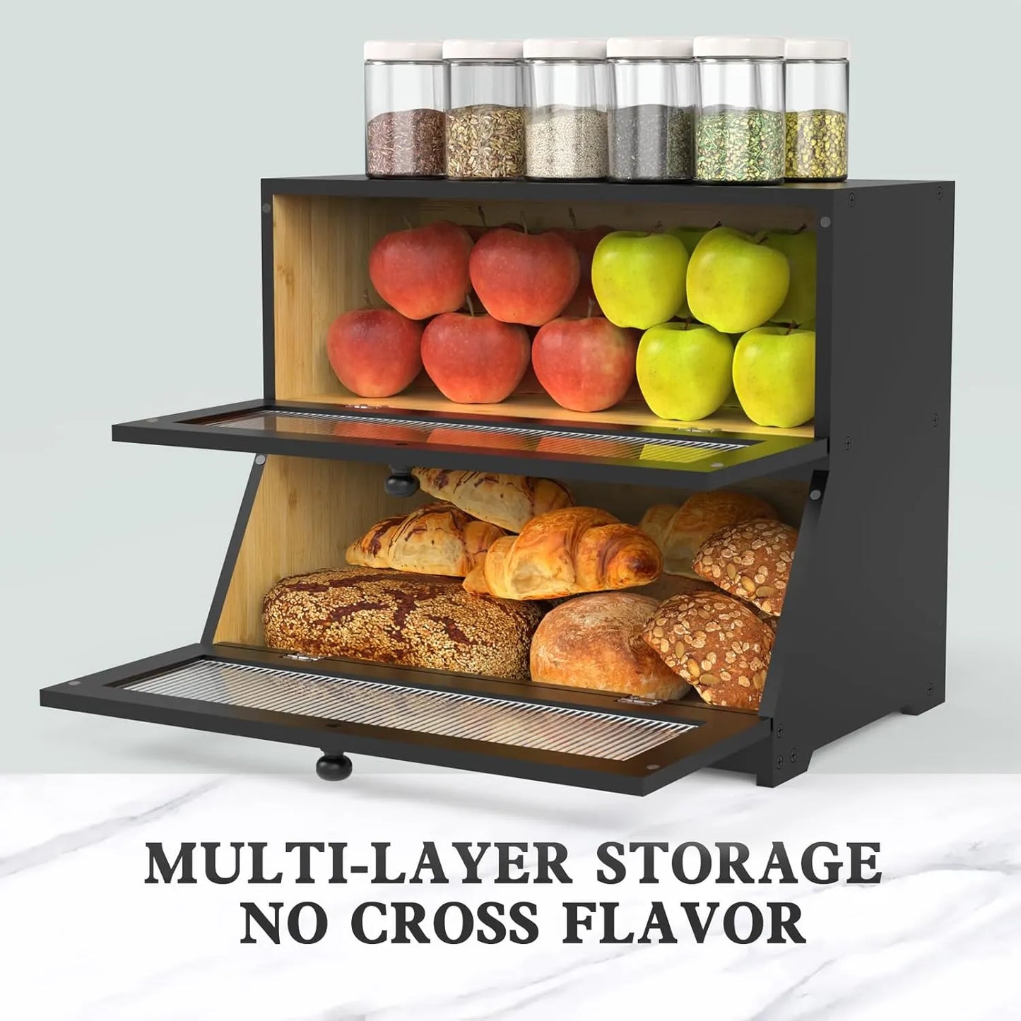 CARLA HOME Double Layer Bamboo Bread Box for Kitchen Counter - Large Capacity Bread Storage Container with Clear Window, Easy Assembly, Farmhouse Style Bread Holder (Black) - Image 6