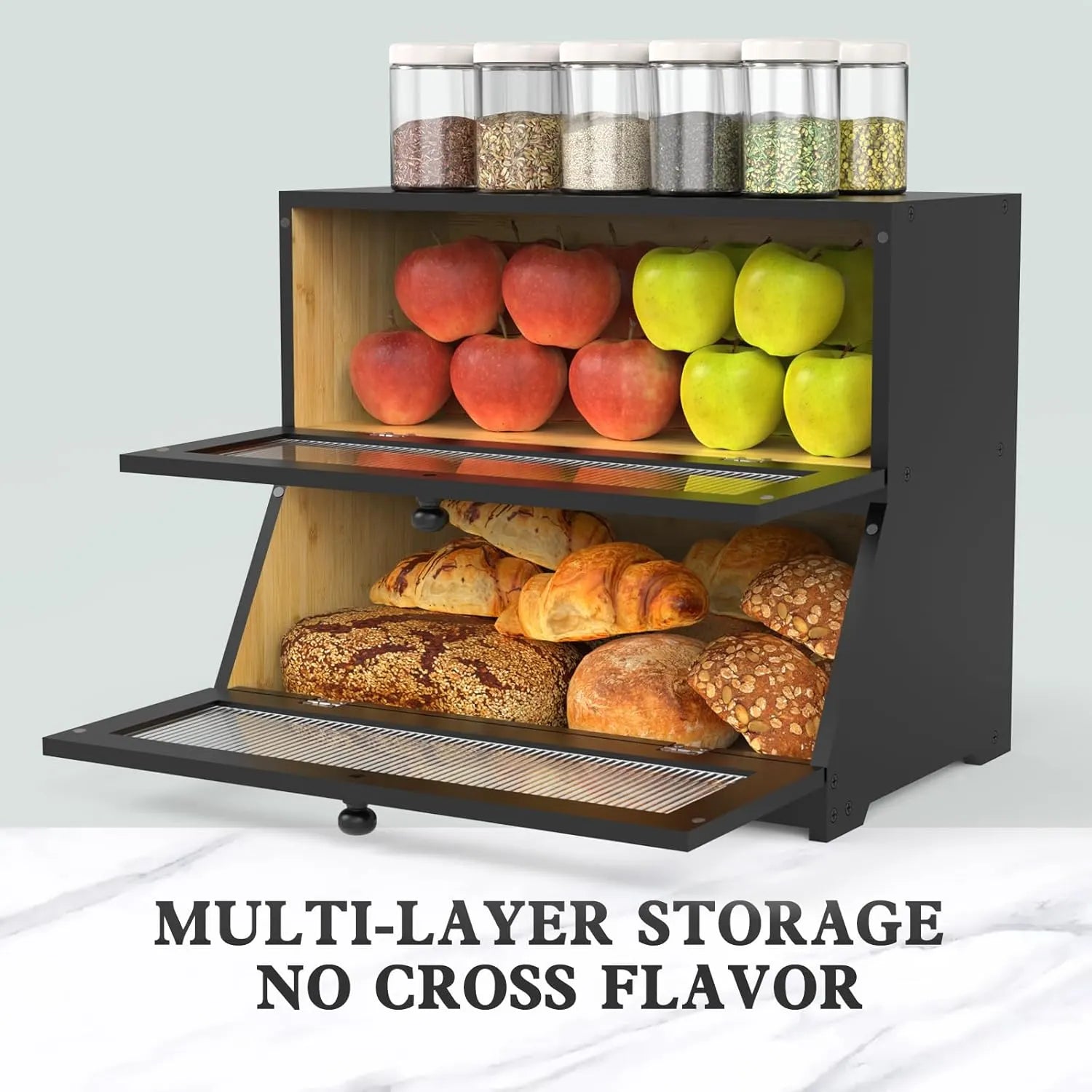 CARLA HOME Double Layer Bamboo Bread Box for Kitchen Counter - Large Capacity Bread Storage Container with Clear Window, Easy Assembly, Farmhouse Style Bread Holder (Black) - Image 6