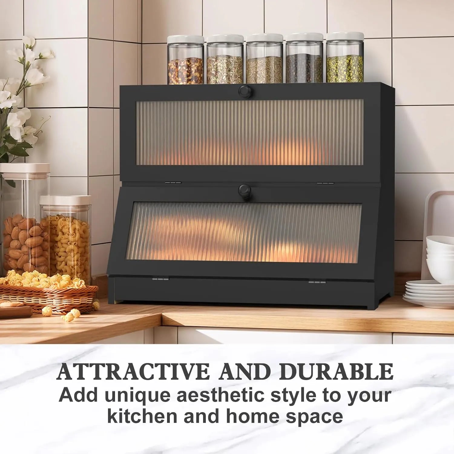 CARLA HOME Double Layer Bamboo Bread Box for Kitchen Counter - Large Capacity Bread Storage Container with Clear Window, Easy Assembly, Farmhouse Style Bread Holder (Black) - Image 7