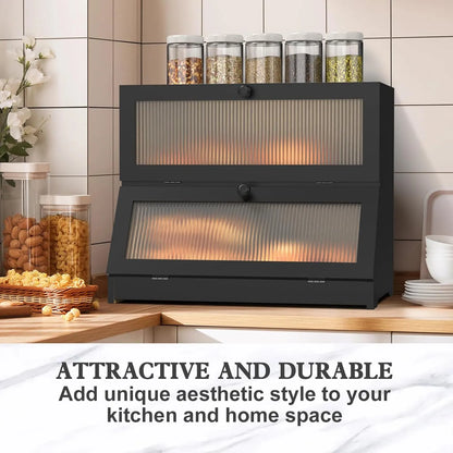 CARLA HOME Double Layer Bamboo Bread Box for Kitchen Counter - Large Capacity Bread Storage Container with Clear Window, Easy Assembly, Farmhouse Style Bread Holder (Black) - Image 7
