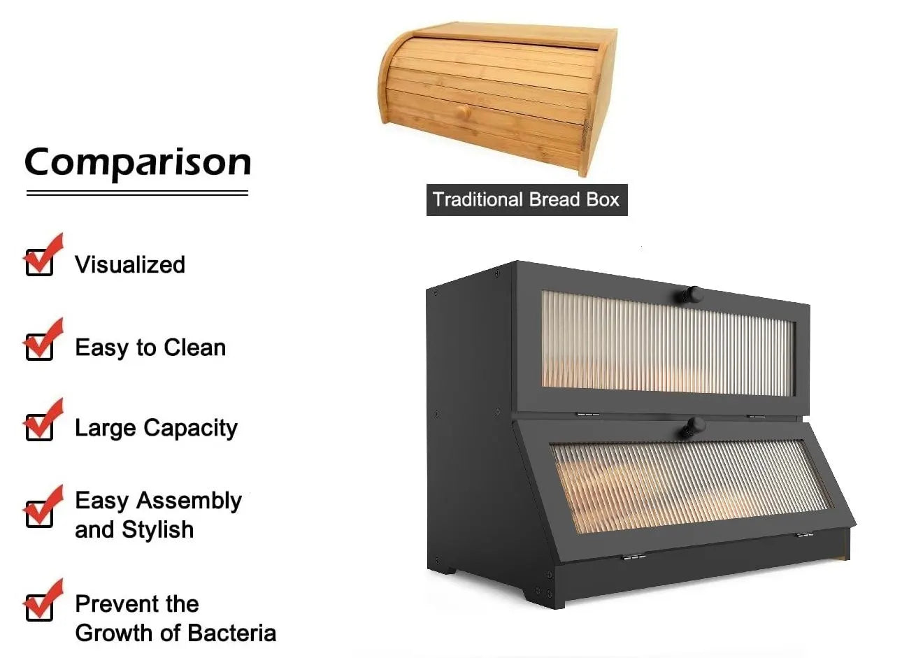 CARLA HOME Double Layer Bamboo Bread Box for Kitchen Counter - Large Capacity Bread Storage Container with Clear Window, Easy Assembly, Farmhouse Style Bread Holder (Black) - Image 8