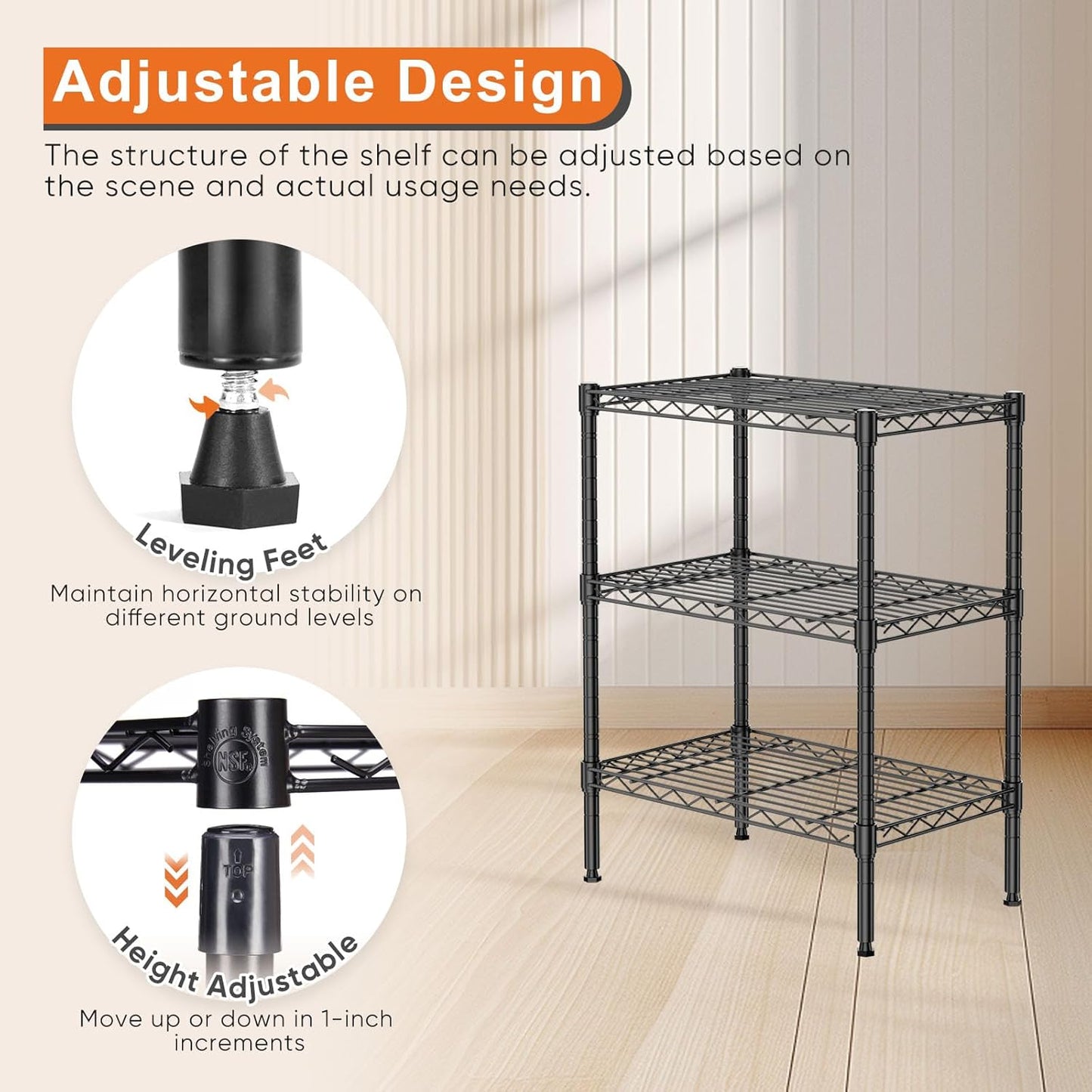 CARLA HOME 3-Tier Adjustable Metal Storage Shelves Wire Rack Organizer for Kitchen, Pantry, Bathroom or Laundry Room (60cm W x 35cm D x 103cm H) - Image 5