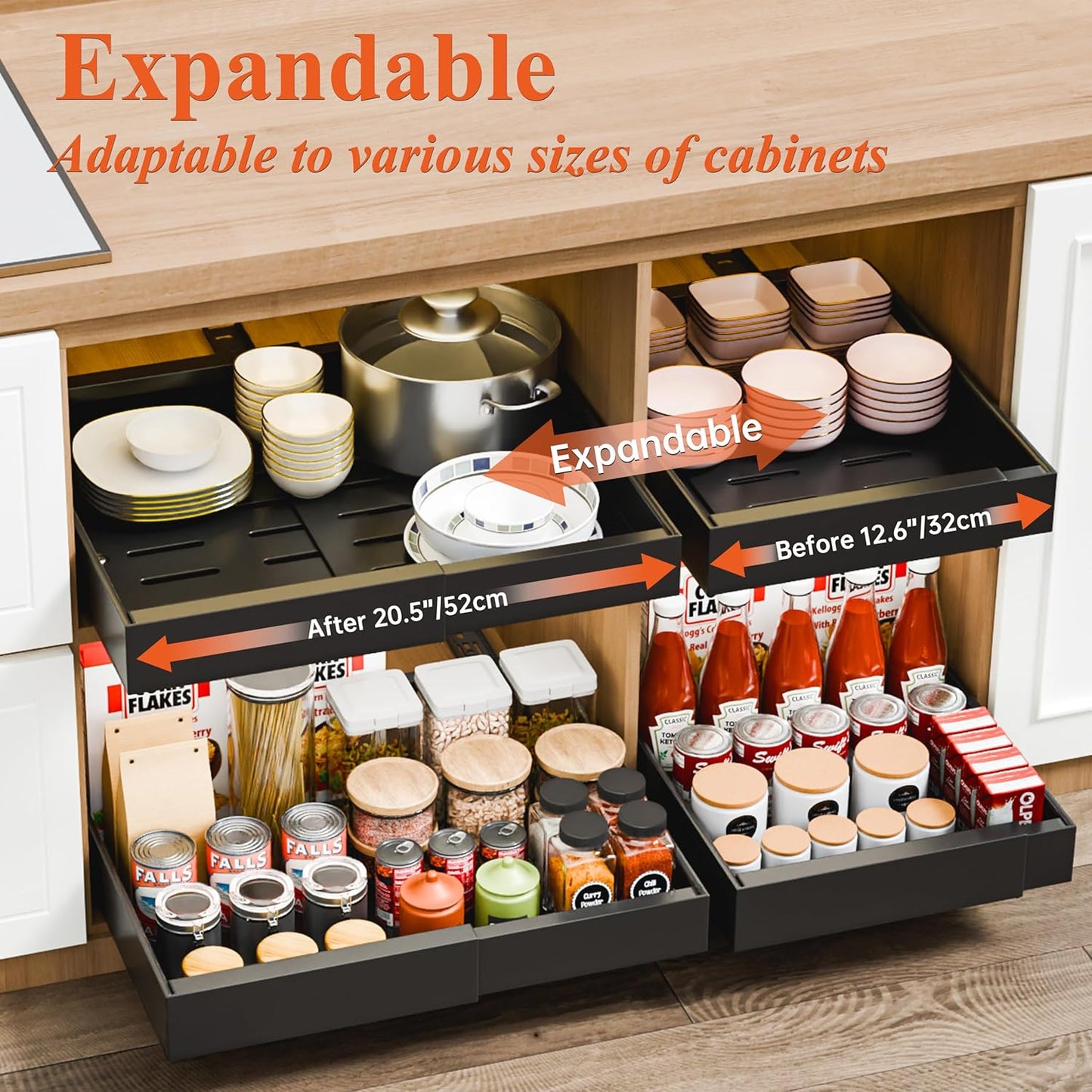 CARLA HOME 2 Pack Pull Out Cabinet Organizer Expandable for Cabinets with Adjustable Slide Out Shelves and Easy Installation (Black) - Image 3