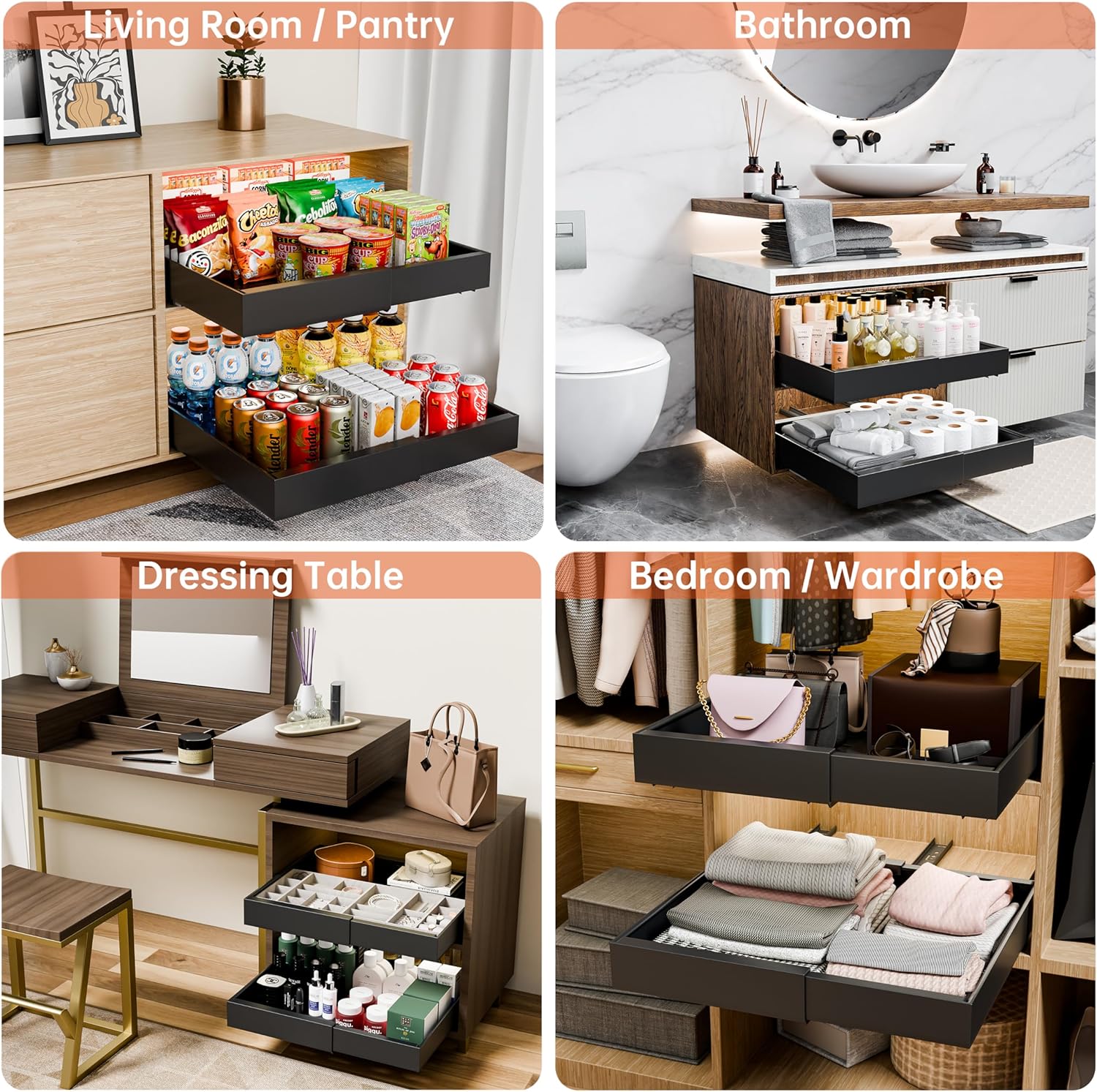 CARLA HOME 2 Pack Pull Out Cabinet Organizer Expandable for Cabinets with Adjustable Slide Out Shelves and Easy Installation (Black) - Image 5