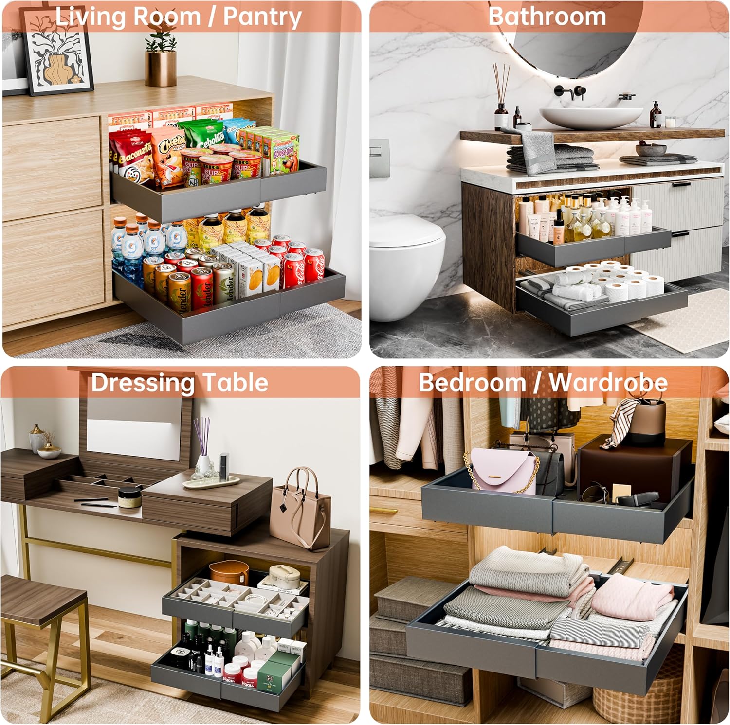 CARLA HOME 2 Pack Pull Out Cabinet Organizer Expandable for Cabinets with Adjustable Slide Out Shelves and Easy Installation (Grey) - Image 5