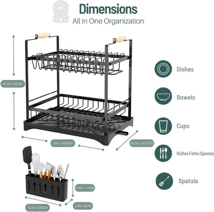 CARLA HOME 2-Tier Large Dish Drying Rack with Drainboard, Utensil Holder, Glass Hooks & Cutlery Storage (Black) - Image 2