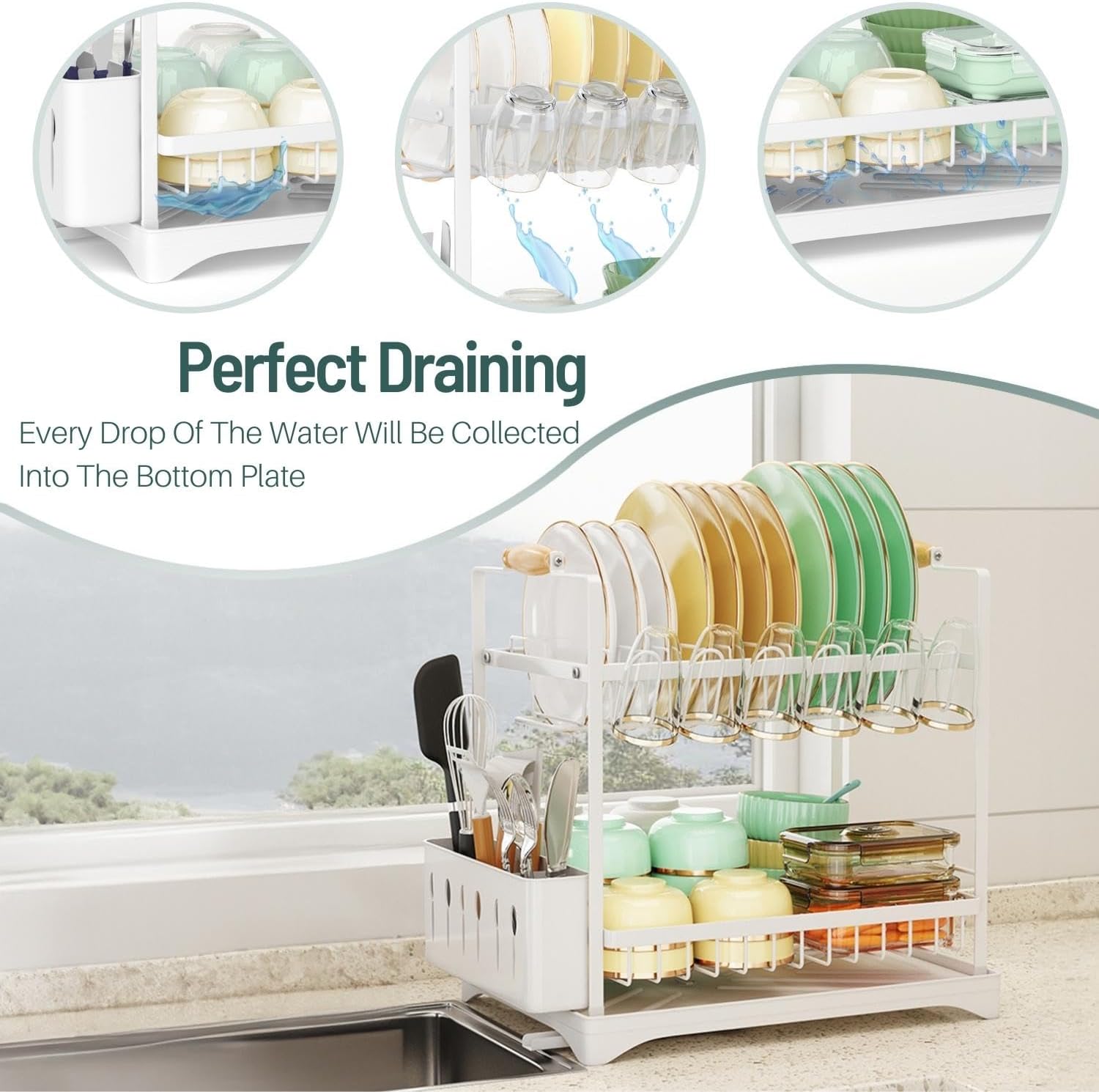 CARLA HOME 2-Tier Large Dish Drying Rack with Drainboard, Utensil Holder, Glass Hooks & Cutlery Storage (Black) - Image 5
