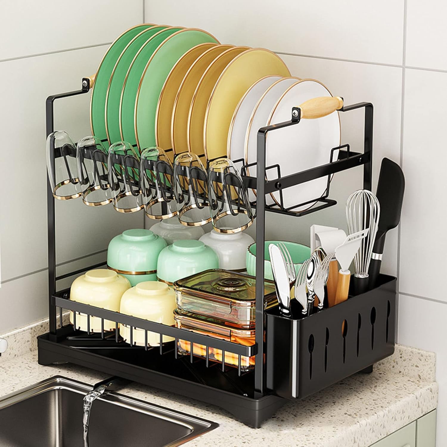 CARLA HOME 2-Tier Large Dish Drying Rack with Drainboard, Utensil Holder, Glass Hooks & Cutlery Storage (Black) - Image 8