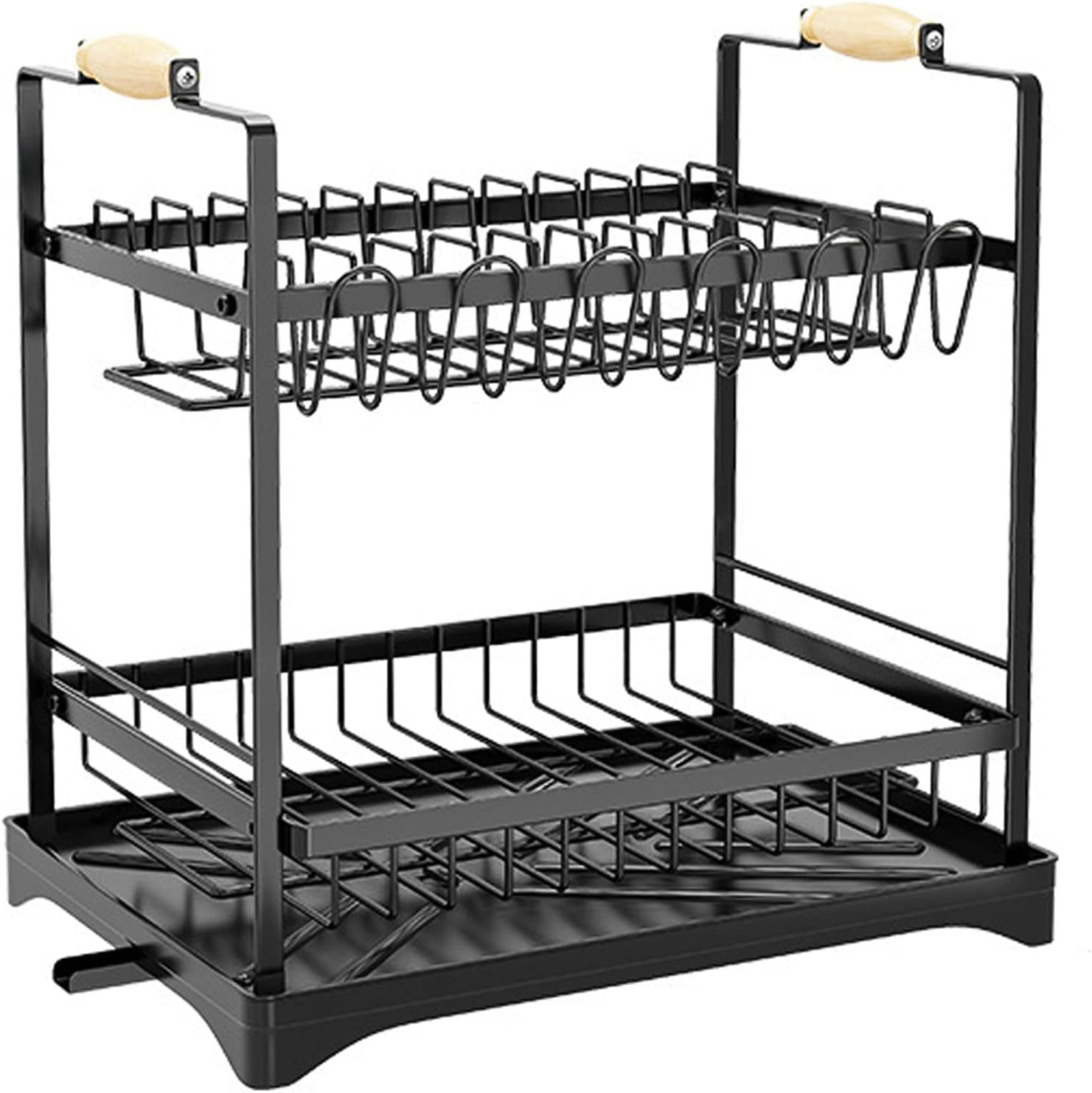 CARLA HOME 2-Tier Large Dish Drying Rack with Drainboard, Utensil Holder, Glass Hooks & Cutlery Storage (Black) - Image 9