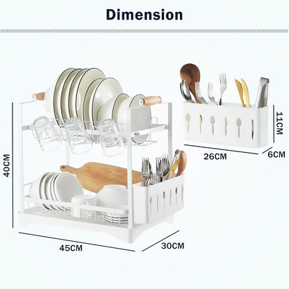 CARLA HOME 2-Tier Large Dish Drying Rack with Drainboard, Utensil Holder, Glass Hooks & Cutlery Storage (White) - Image 3