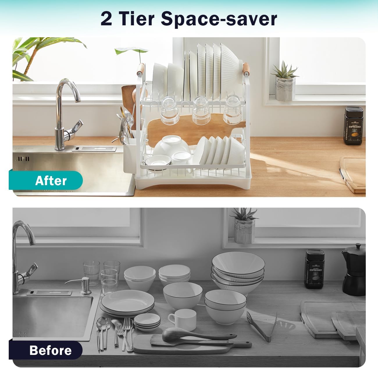 CARLA HOME 2-Tier Large Dish Drying Rack with Drainboard, Utensil Holder, Glass Hooks & Cutlery Storage (White) - Image 4