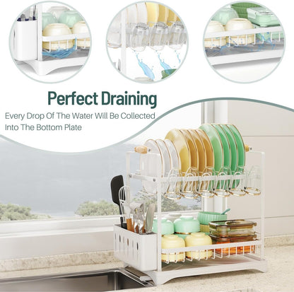 CARLA HOME 2-Tier Large Dish Drying Rack with Drainboard, Utensil Holder, Glass Hooks & Cutlery Storage (White) - Image 5