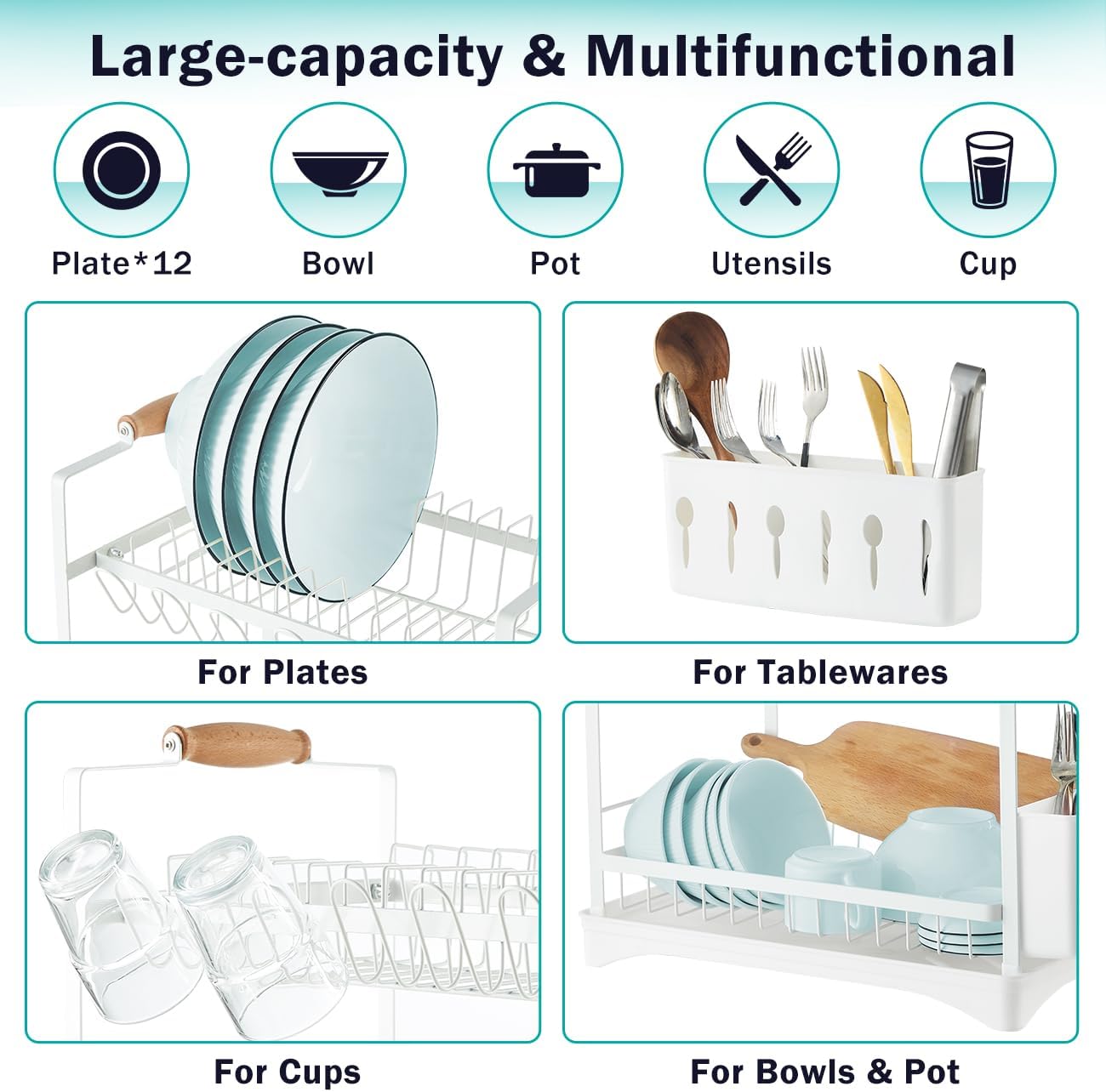 CARLA HOME 2-Tier Large Dish Drying Rack with Drainboard, Utensil Holder, Glass Hooks & Cutlery Storage (White) - Image 6