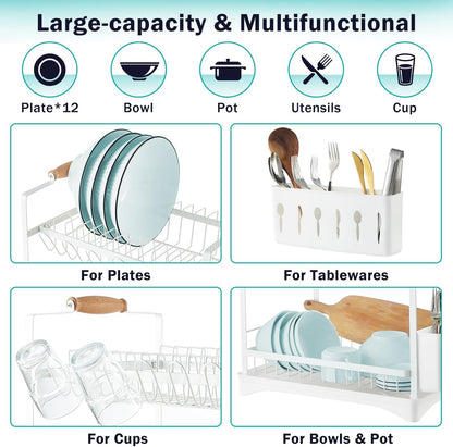 CARLA HOME 2-Tier Large Dish Drying Rack with Drainboard, Utensil Holder, Glass Hooks & Cutlery Storage (White) - Image 6