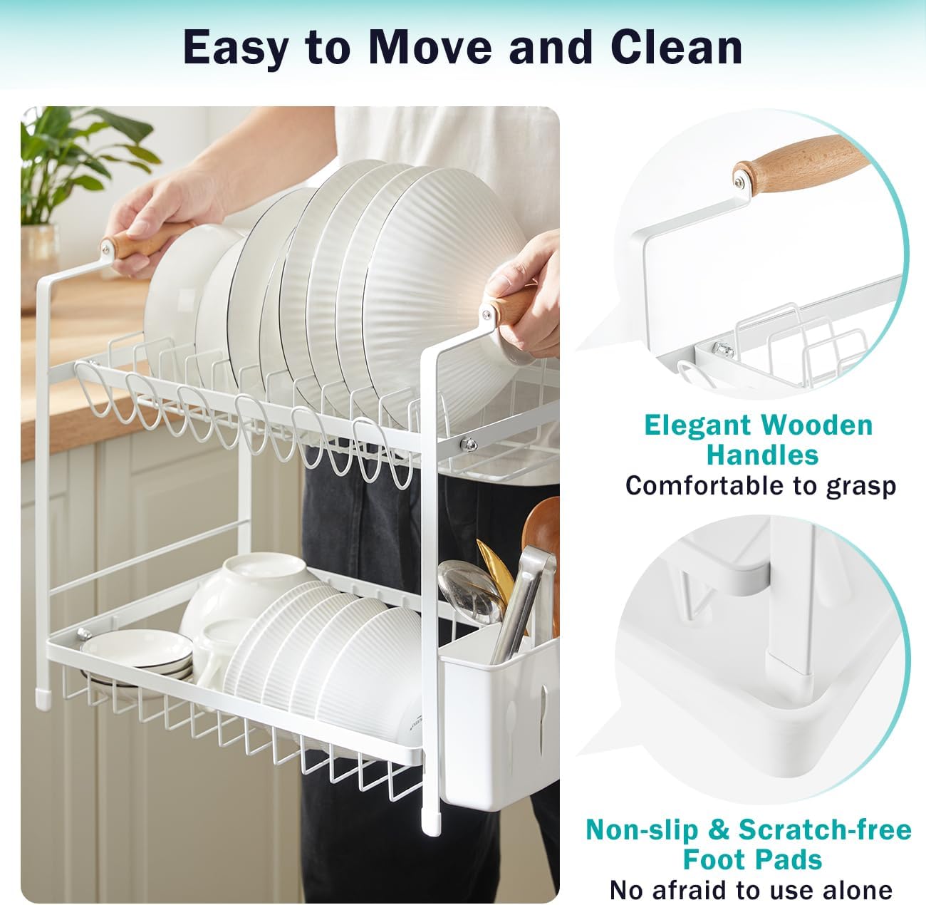 CARLA HOME 2-Tier Large Dish Drying Rack with Drainboard, Utensil Holder, Glass Hooks & Cutlery Storage (White) - Image 8