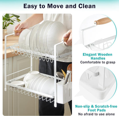 CARLA HOME 2-Tier Large Dish Drying Rack with Drainboard, Utensil Holder, Glass Hooks & Cutlery Storage (White) - Image 8