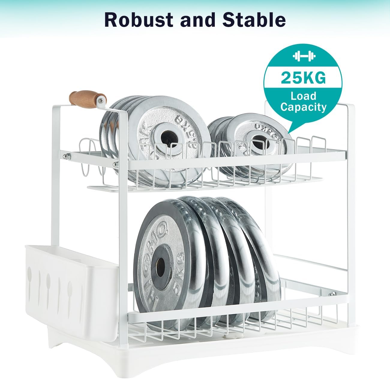 CARLA HOME 2-Tier Large Dish Drying Rack with Drainboard, Utensil Holder, Glass Hooks & Cutlery Storage (White) - Image 9