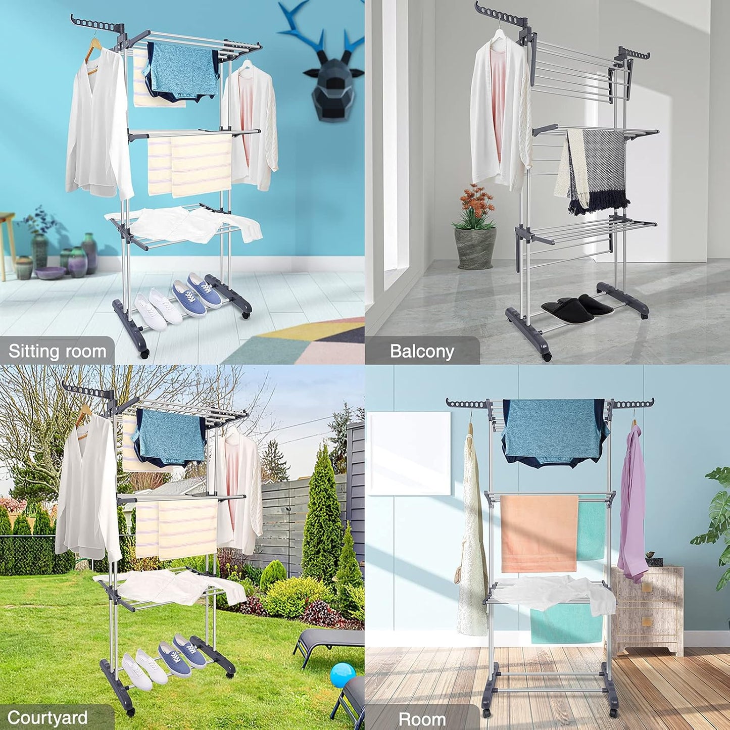 CARLA HOME Folding Clothes Drying Rack with Wheels and Adjustable Side Wings for Laundry Rack and Clothes Storage (Upgraded Model) - Image 3