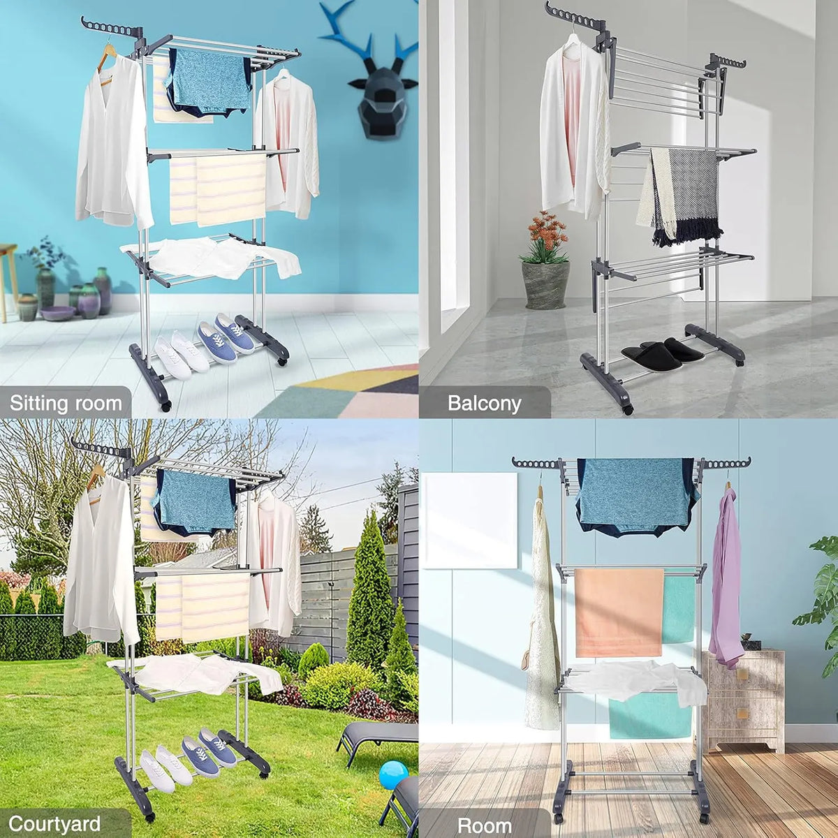 CARLA HOME Folding Clothes Drying Rack with Wheels and Adjustable Side Wings for Laundry Rack and Clothes Storage (Upgraded Model) - Image 3