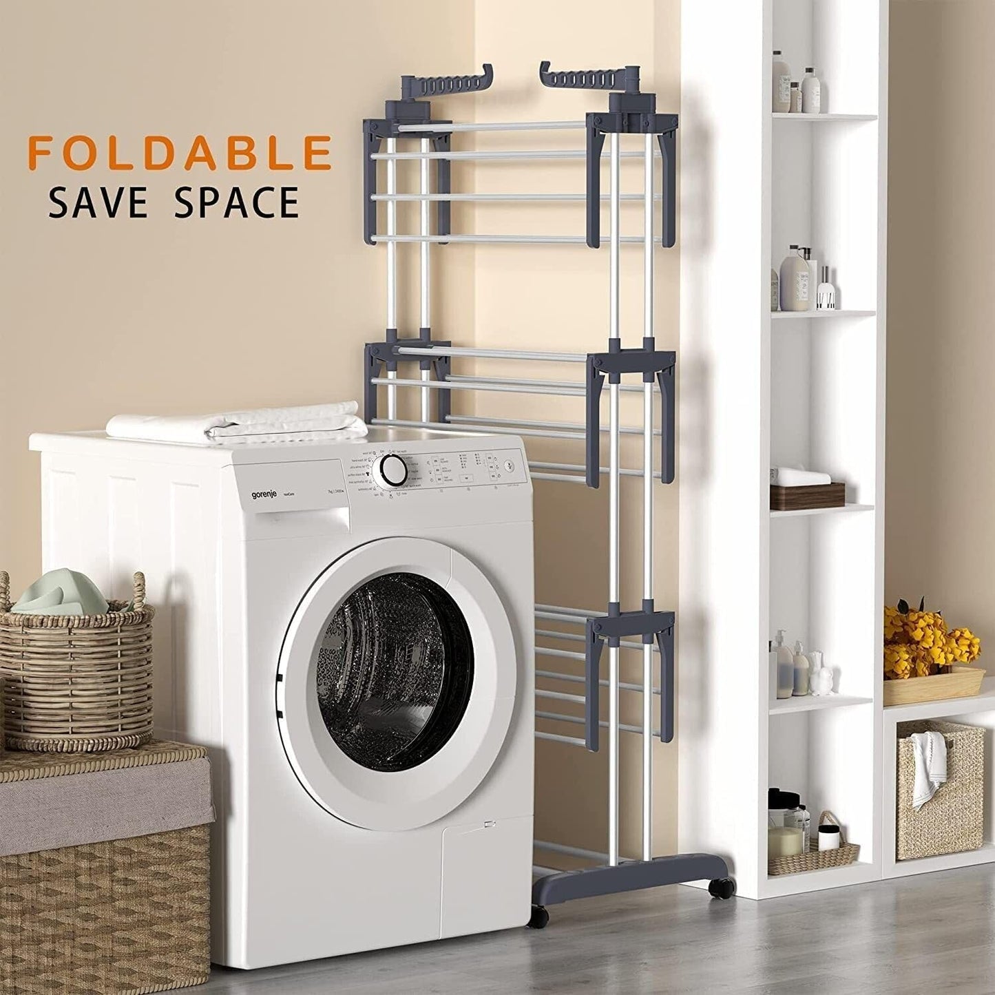 CARLA HOME Folding Clothes Drying Rack with Wheels and Adjustable Side Wings for Laundry Rack and Clothes Storage (Upgraded Model) - Image 4