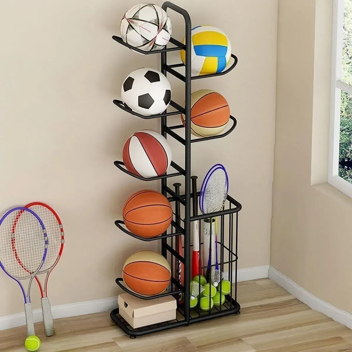 CARLA HOME 7 Tier Ball Storage Rack - Sports Organiser - Black - Basketball Storage Rack - Image 2