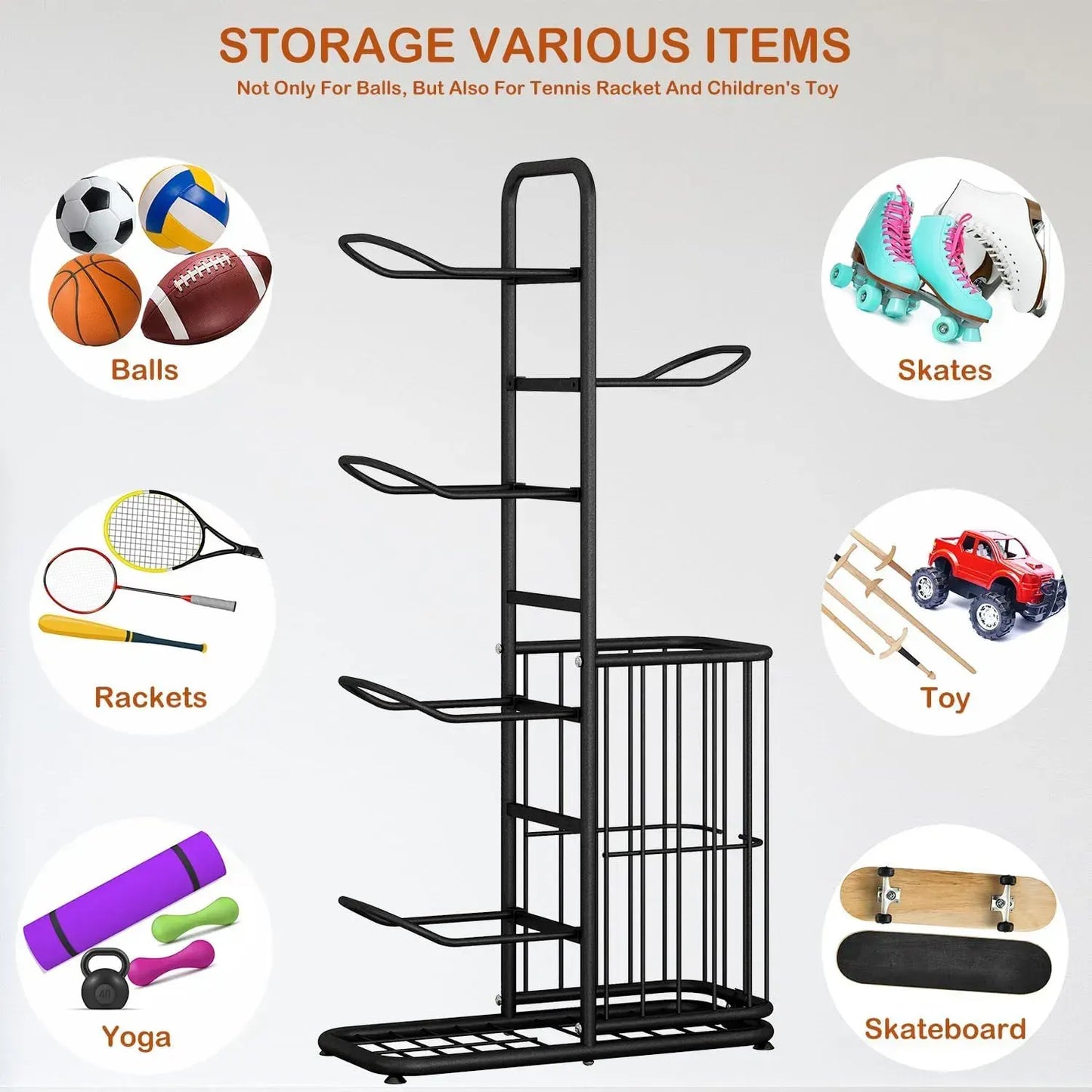 CARLA HOME 7 Tier Ball Storage Rack - Sports Organiser - Black - Basketball Storage Rack - Image 5