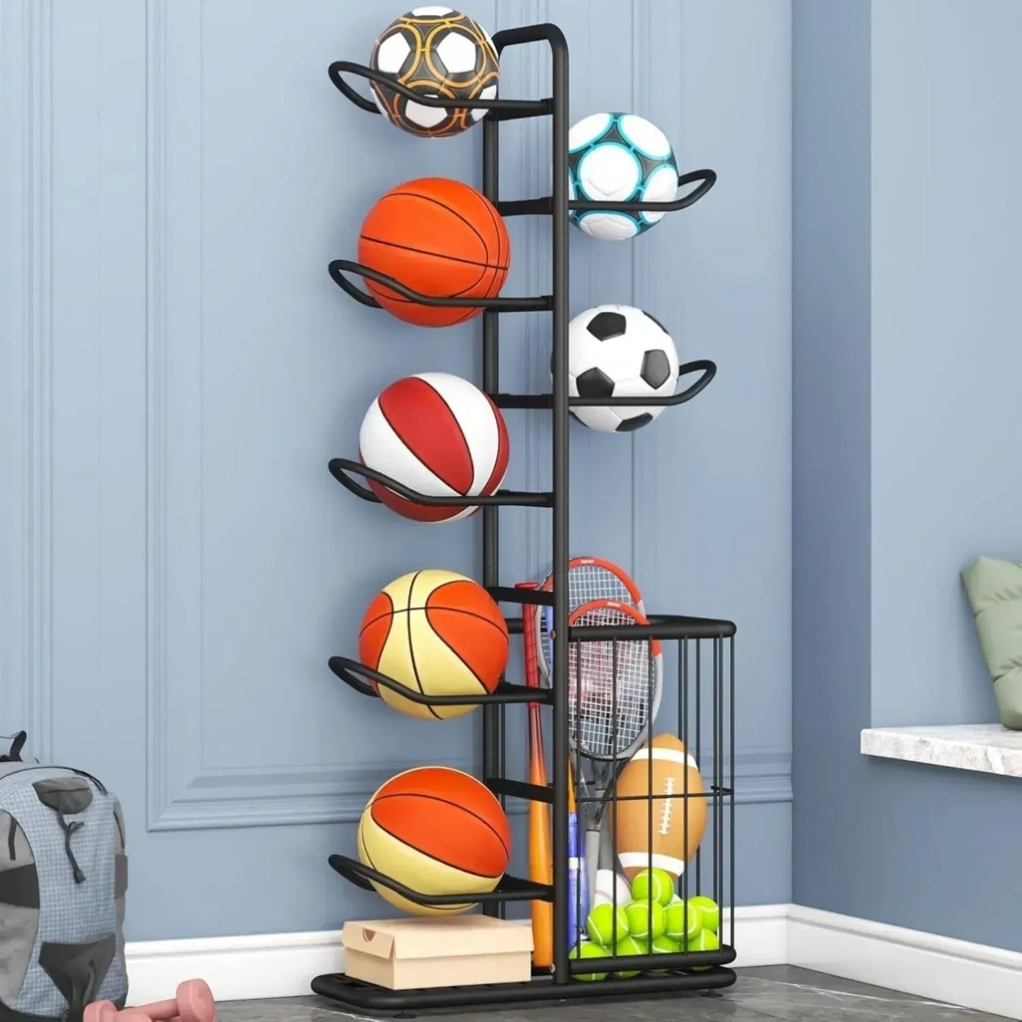 CARLA HOME 7 Tier Ball Storage Rack - Sports Organiser - Black - Basketball Storage Rack - Image 8