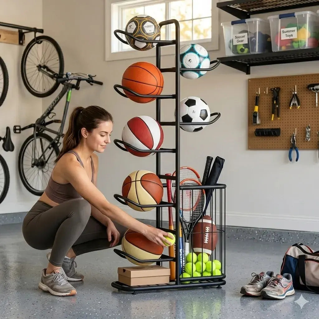 CARLA HOME 7 Tier Ball Storage Rack - Sports Organiser - Black - Basketball Storage Rack - Image 9