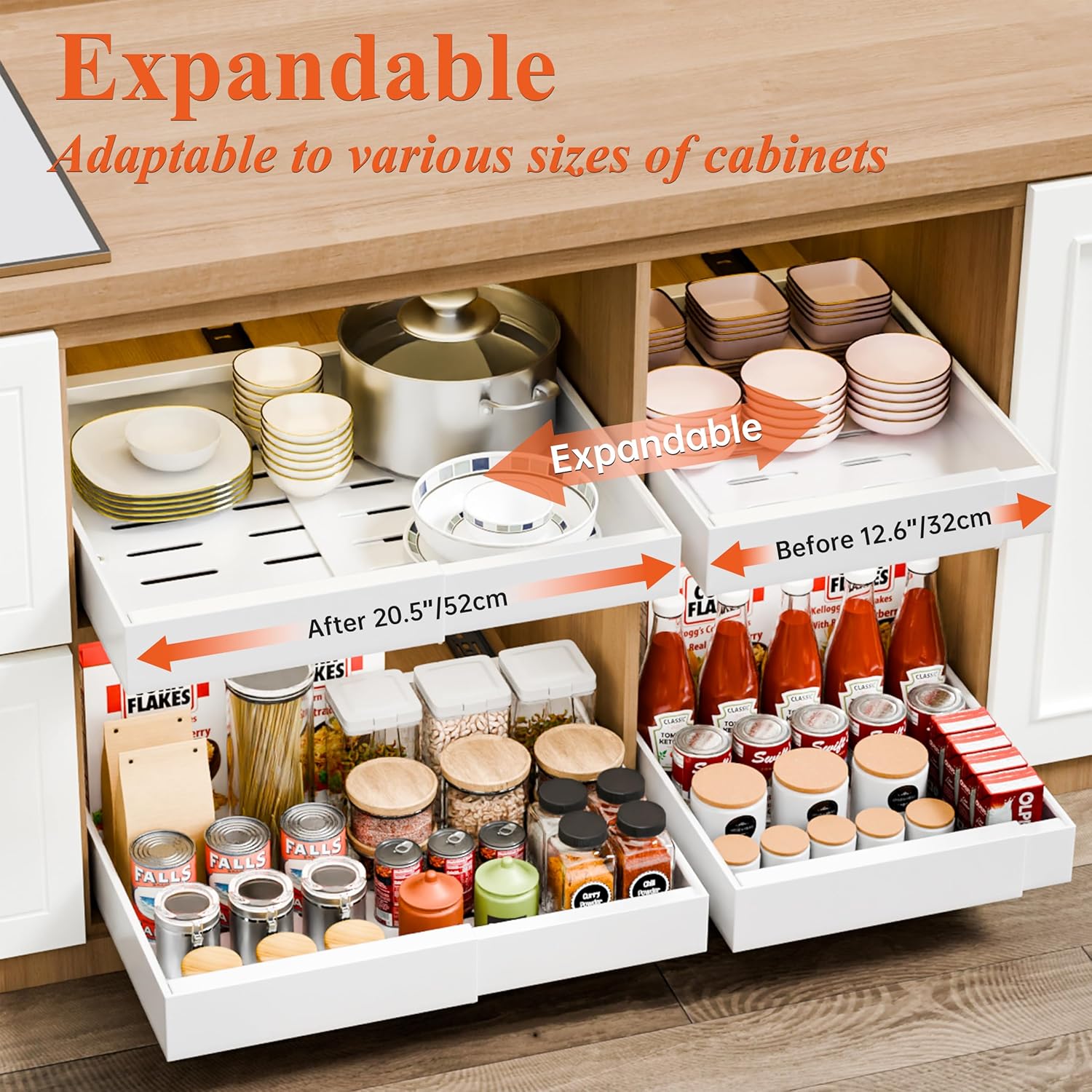 CARLA HOME 2 Pack Pull Out Cabinet Organizer Expandable for Cabinets with Adjustable Slide Out Shelves and Easy Installation (White) - Image 3