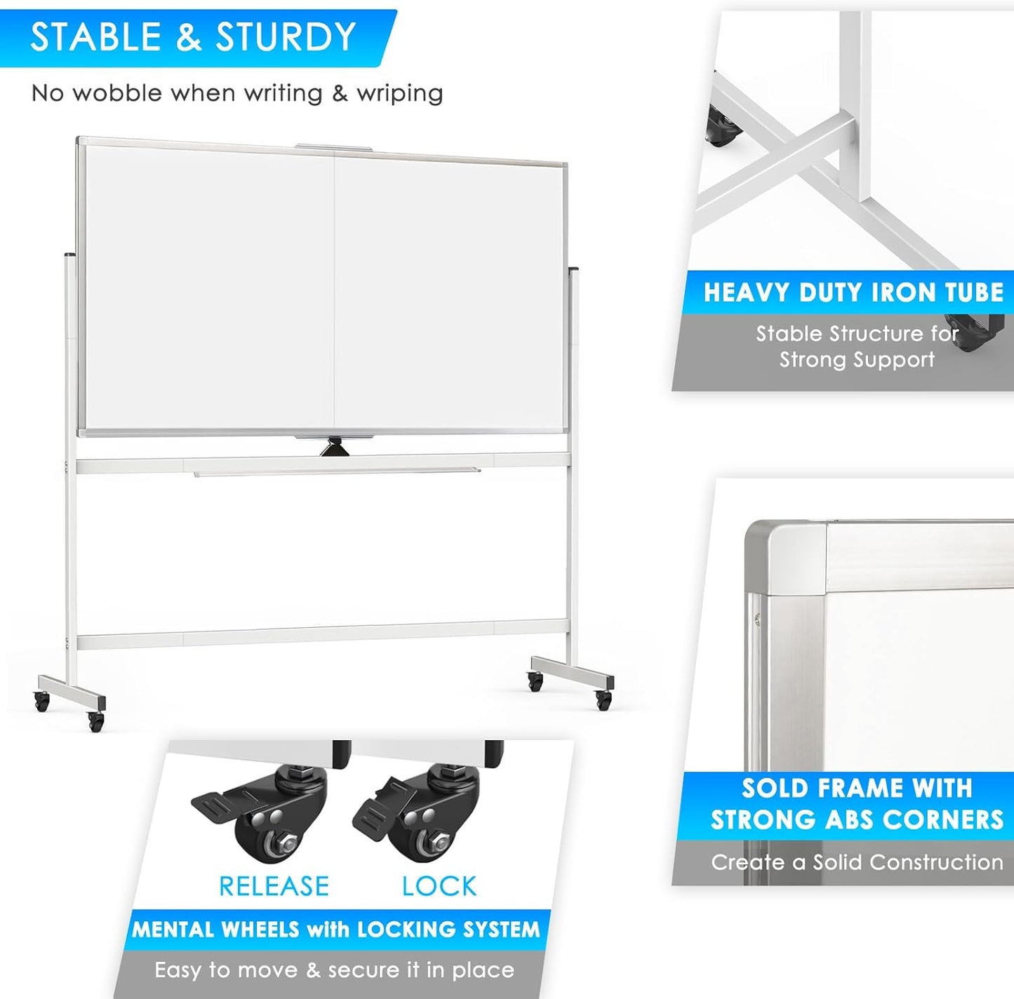 CARLA HOME Double-Sided Magnetic Whiteboard 120x90cm with Wheels, Reversible Design for School, Office & Home - Image 4