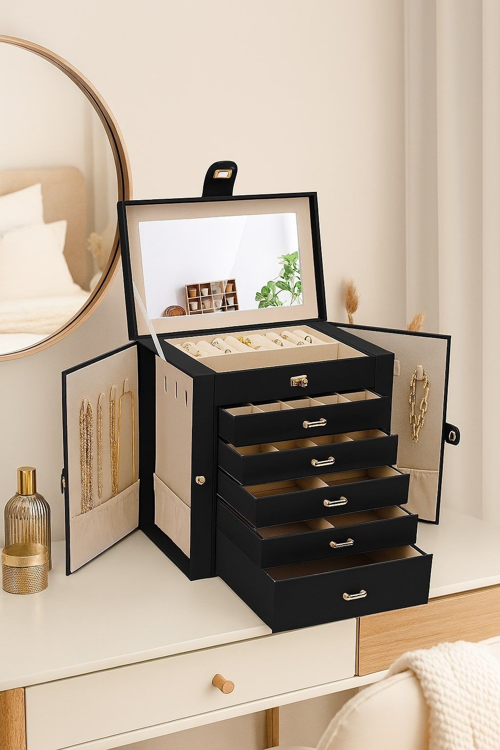 CARLA HOME 6-Layer Large Jewelry Box for Women withDrawers, Mirror, Lock, Necklace Hooks & Side Compartments for Rings, Earrings, Bracelets, Gifts (Black) - Image 2