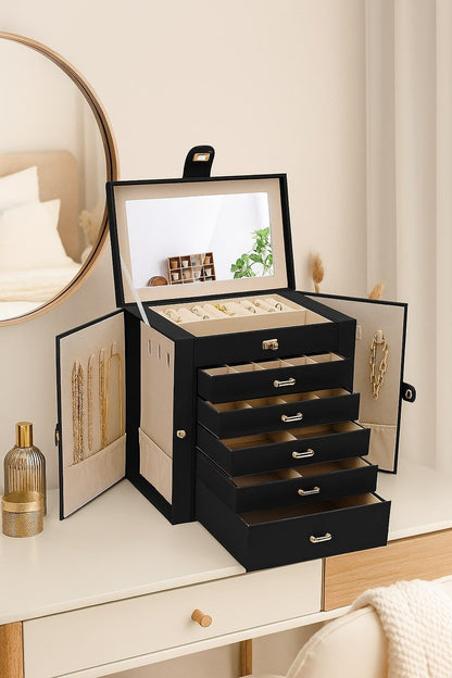 CARLA HOME 6-Layer Large Jewelry Box for Women withDrawers, Mirror, Lock, Necklace Hooks & Side Compartments for Rings, Earrings, Bracelets, Gifts (Black) - Image 2