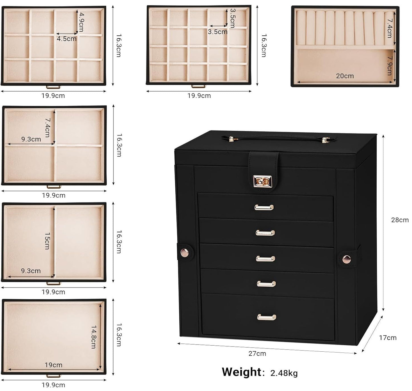 CARLA HOME 6-Layer Large Jewelry Box for Women withDrawers, Mirror, Lock, Necklace Hooks & Side Compartments for Rings, Earrings, Bracelets, Gifts (Black) - Image 3
